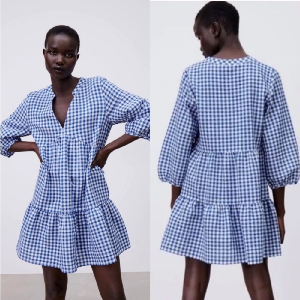 Zara Gingham Blue White Dress